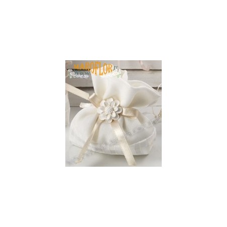 Sacchetto Segnaposto Ringraziamento in Tessuto 12cm color Avorio con Gessetto Fiore