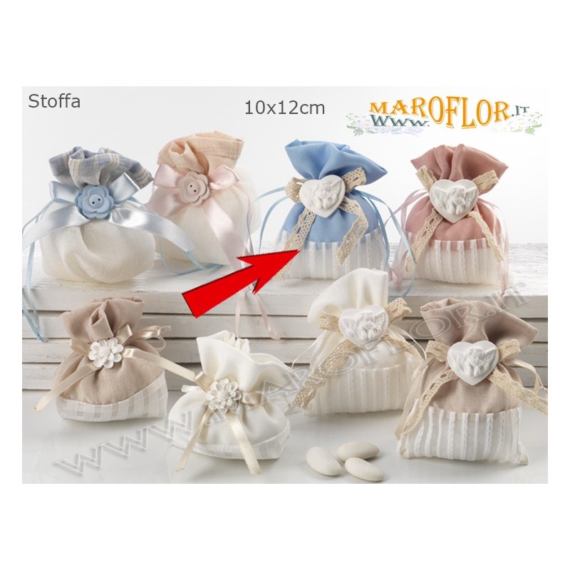 Sacchetto Segnaposto Ringraziamento in Tessuto 12cm color Celeste Azzurro con Gessetto Cuore con Angelo