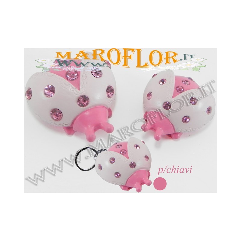 Bomboniera Coccinella Bianca e Rosa Portachiavi in Resina con Swarovsky