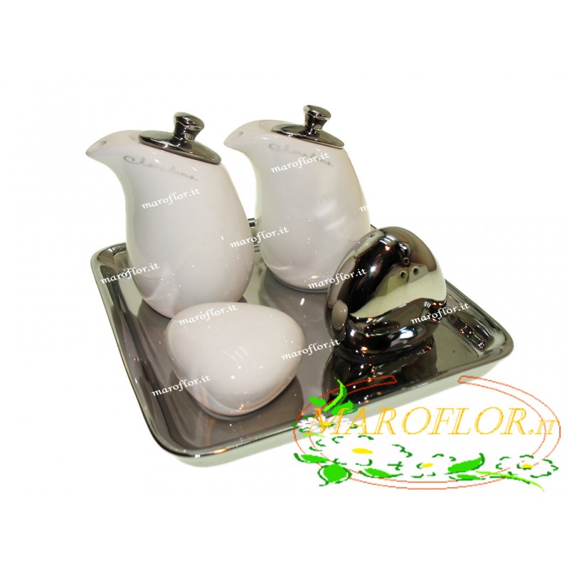BOMBONIERE CLARALUNA 7011 Set OLIO ACETO SALE PEPE in PORCELLANA Bianca e Silver