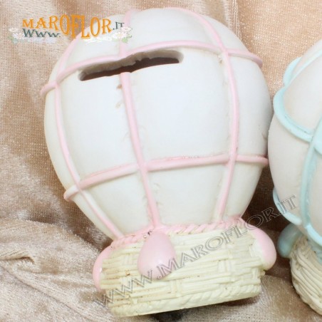 Bomboniera Salvadanaio Mongolfiera Rosa in Resina 10cm x Battesimo Nascita Compleanno