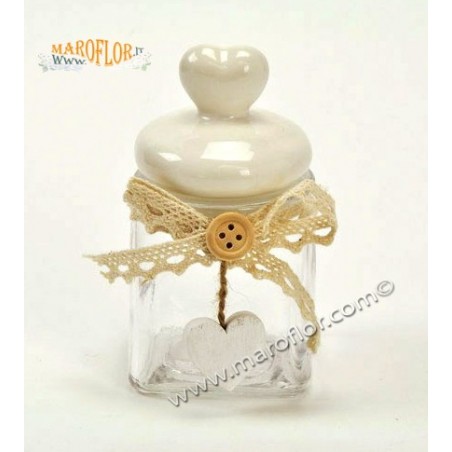 Bomboniera Barattolo Vetro con Tappo in Ceramica 10cm con Cuore