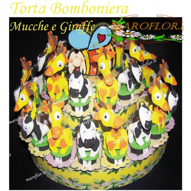 Torta Bomboniere Animali Giraffe e Mucche 32 pz con Orologio centrale