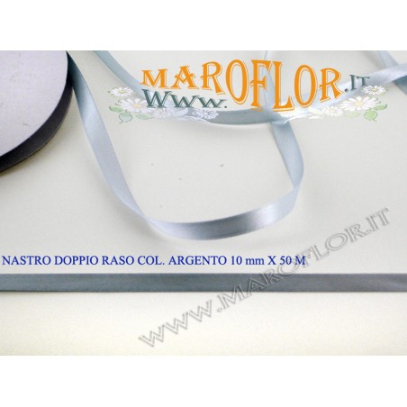 Nastro Doppio Raso Argento 10mm x 50 metri