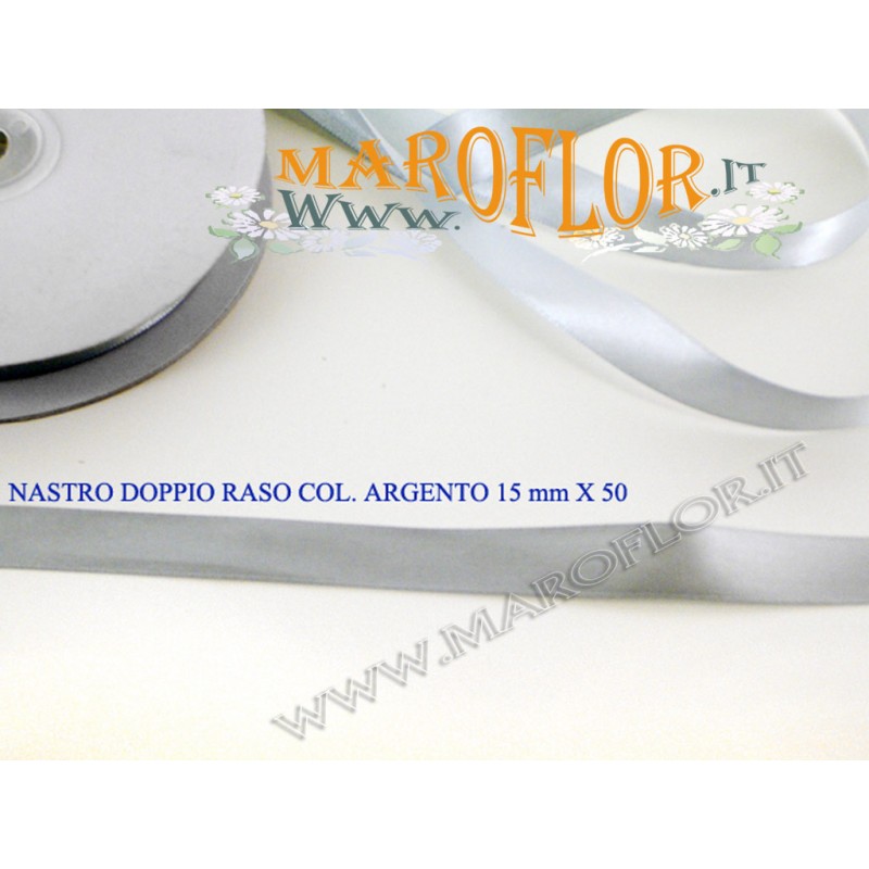 Nastro Doppio Raso Argento 15mm x 50 metri