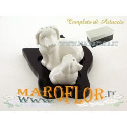 Bomboniere Matrimonio Sale e Pepe in Porcellana Cuccioli Cagnolini con base in legno con Astuccio imbottito