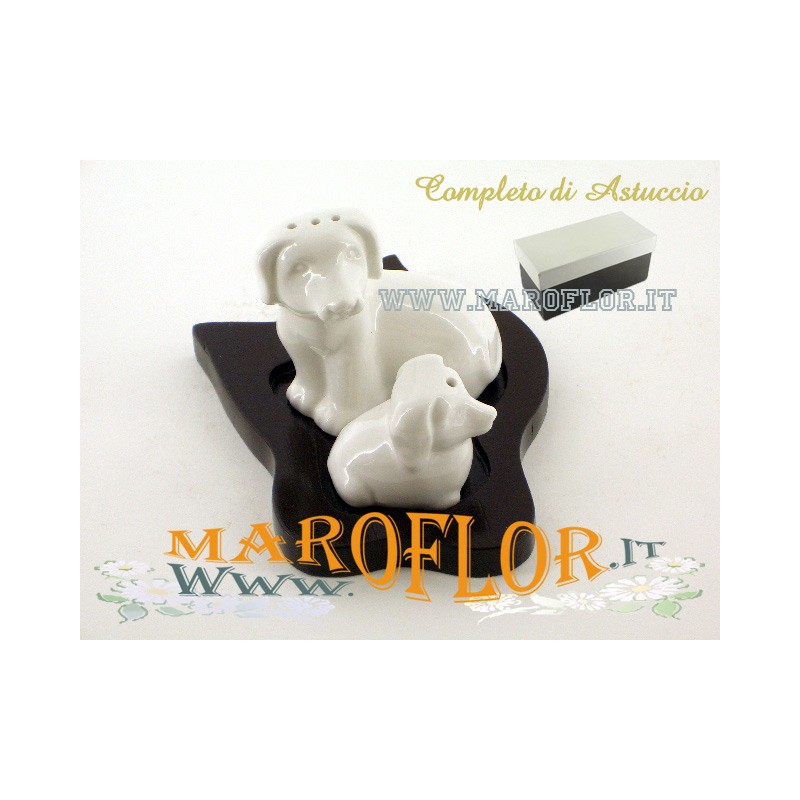Bomboniere Matrimonio Sale e Pepe in Porcellana Cuccioli Cagnolini con base in legno con Astuccio imbottito