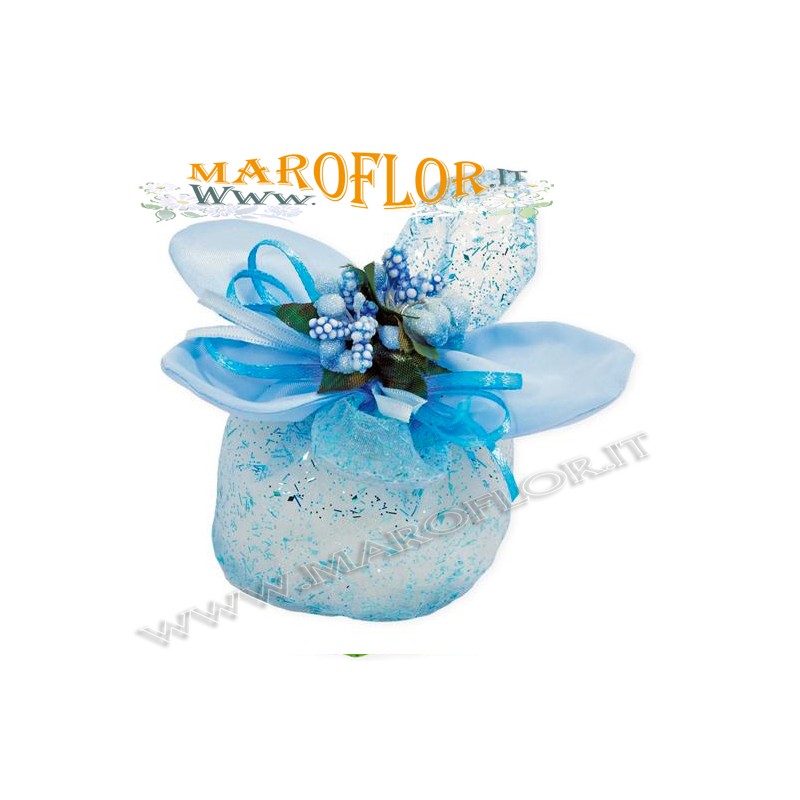 Bomboniere Sacchettino PortaConfetti Glitter Fiore in Organza Celeste Azzurro x Battesimo Nascite Compleanno Sposi