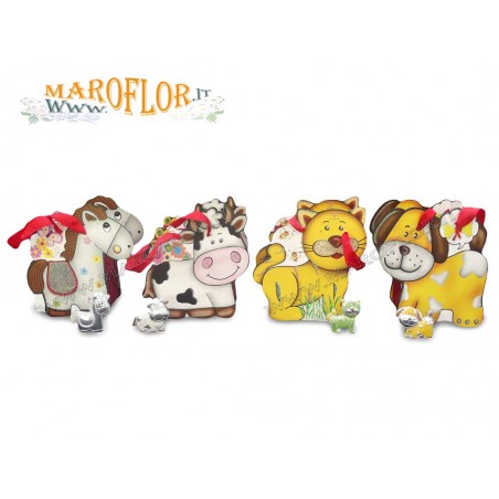 Bomboniere Claraluna 14862/12 Confezione 12 pezzi animali fattoria in resina argentata e colorata con shopper inclusa Linea Sivi